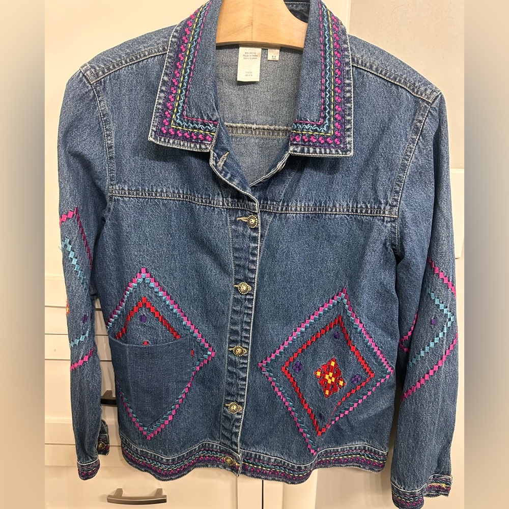 Coldwater Creek Denim Jacket Medium Embroidered Aztec‎ Southwestern Vintage 90s
